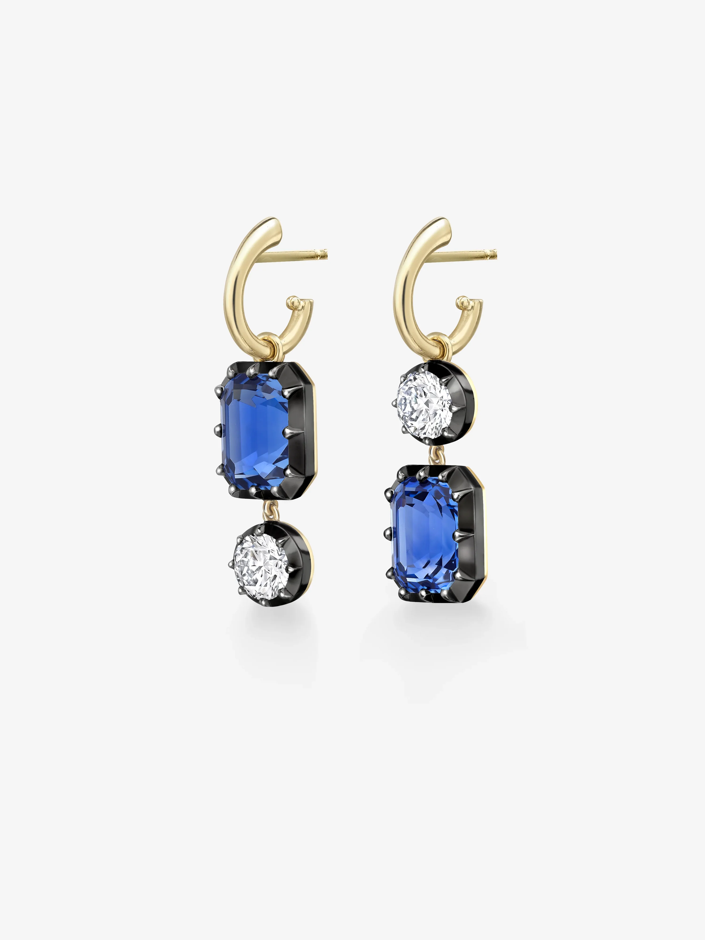 Asymmetric Emerald Cut Sapphire & Diamond Hoop Earrings - Image 2